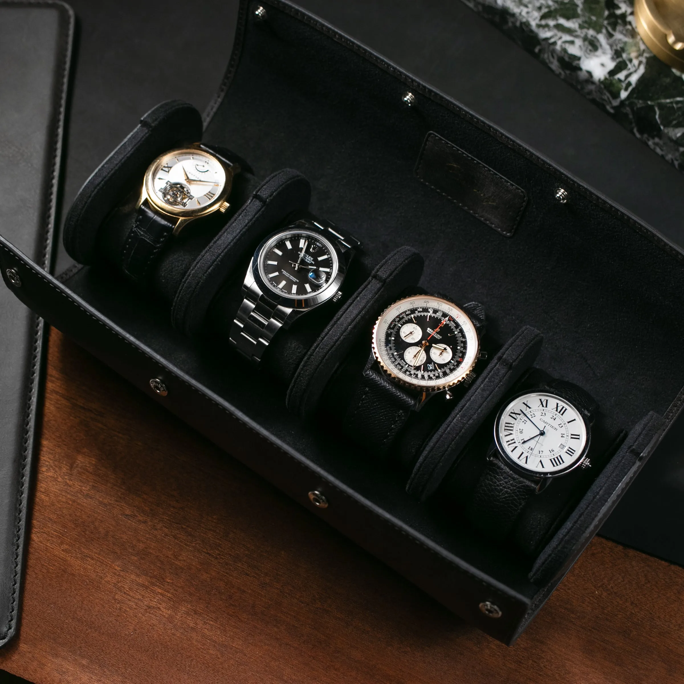 Leather Travel Watch Case - Coal - Quad Watch Roll