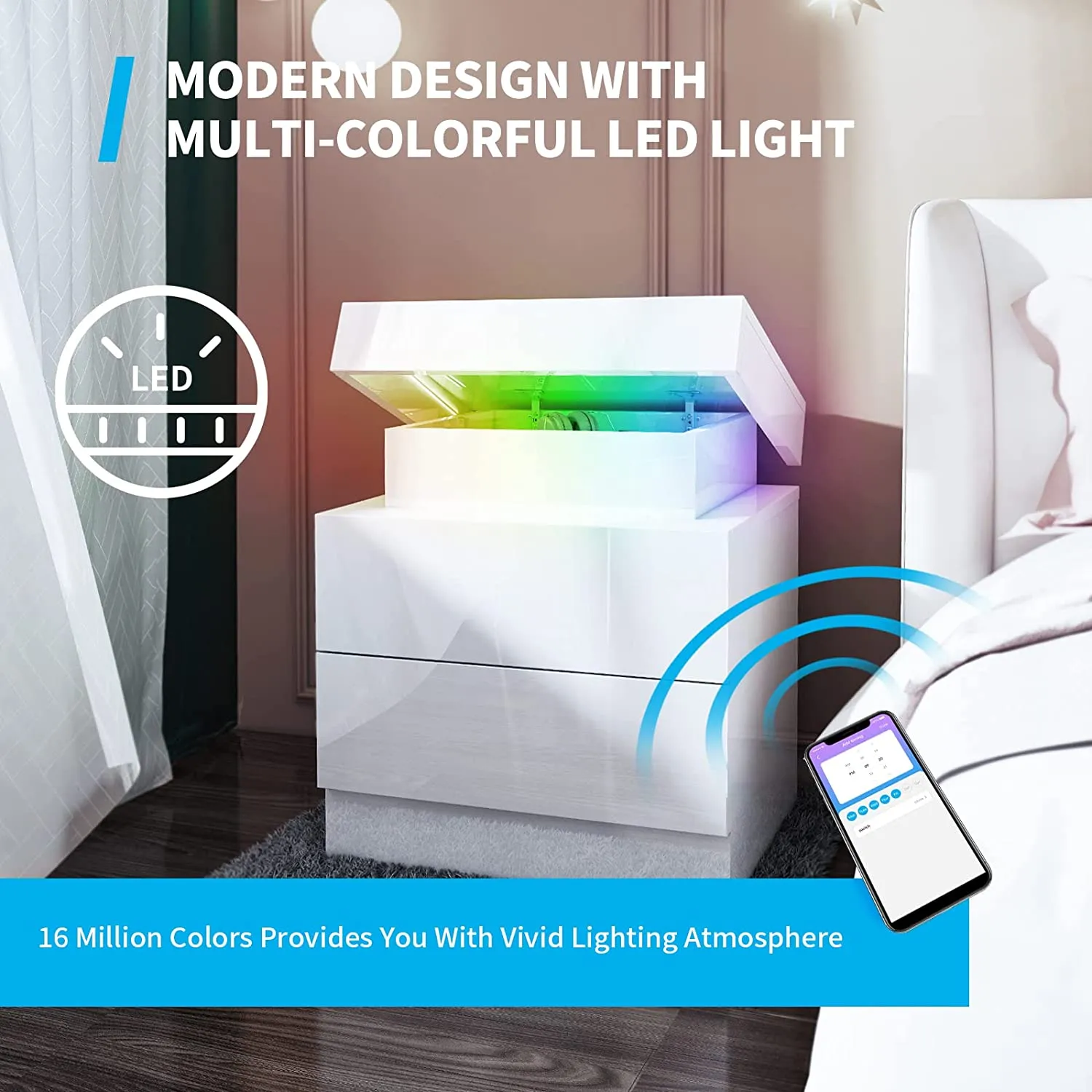 Smart LED Nightstands Set of 2, High Gloss